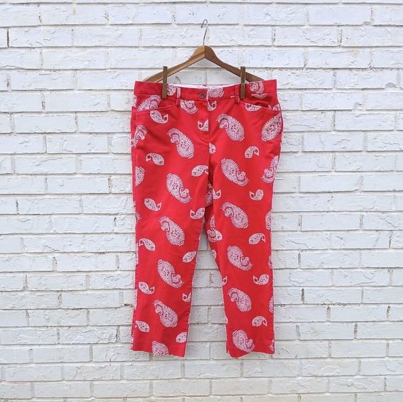 Lands' End Red Paisley Print Pants Mid Rise Straight - Picture 2 of 8